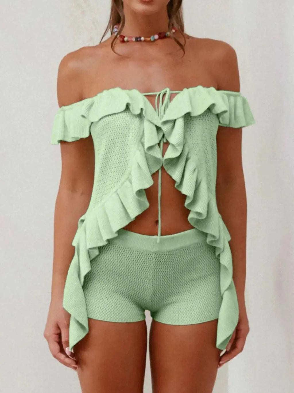 Off - Shoulder Ruffle Top and Shorts Sweater Set - Charmdeals