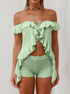 Off - Shoulder Ruffle Top and Shorts Sweater Set - Charmdeals