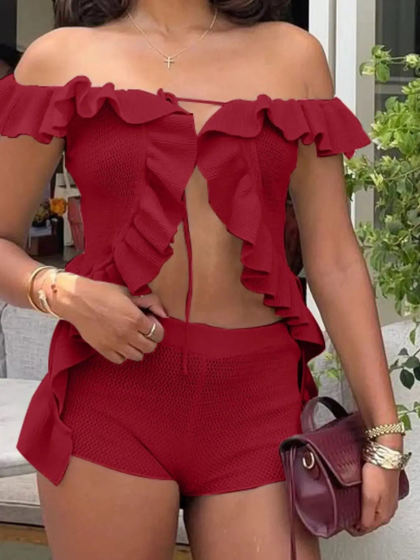 Off - Shoulder Ruffle Top and Shorts Sweater Set - Charmdeals