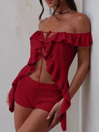 Off - Shoulder Ruffle Top and Shorts Sweater Set - Charmdeals