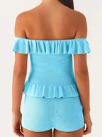 Off - Shoulder Ruffle Top and Shorts Sweater Set - Charmdeals