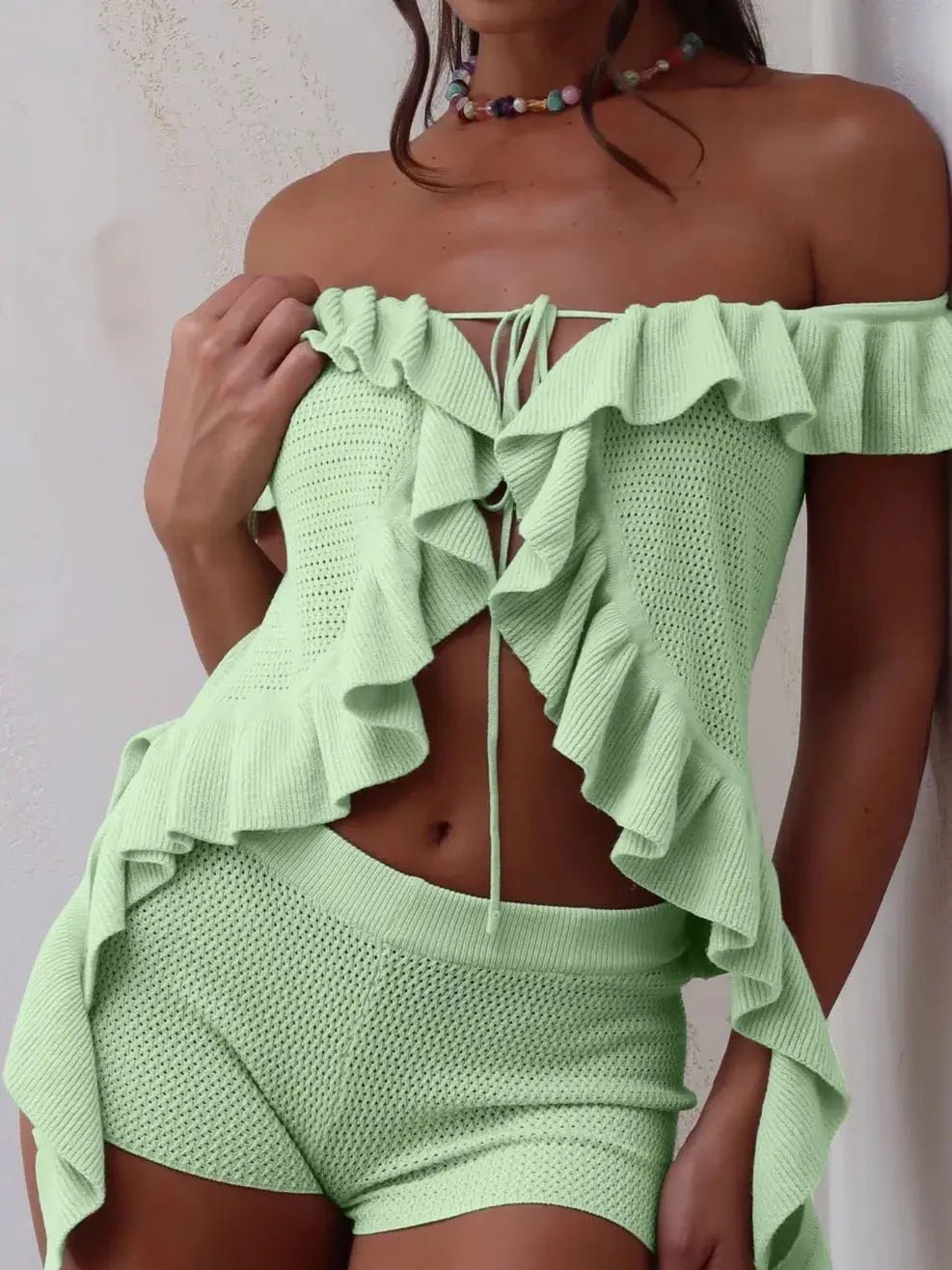 Off - Shoulder Ruffle Top and Shorts Sweater Set - Charmdeals