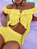 Off - Shoulder Ruffle Top and Shorts Sweater Set - Charmdeals