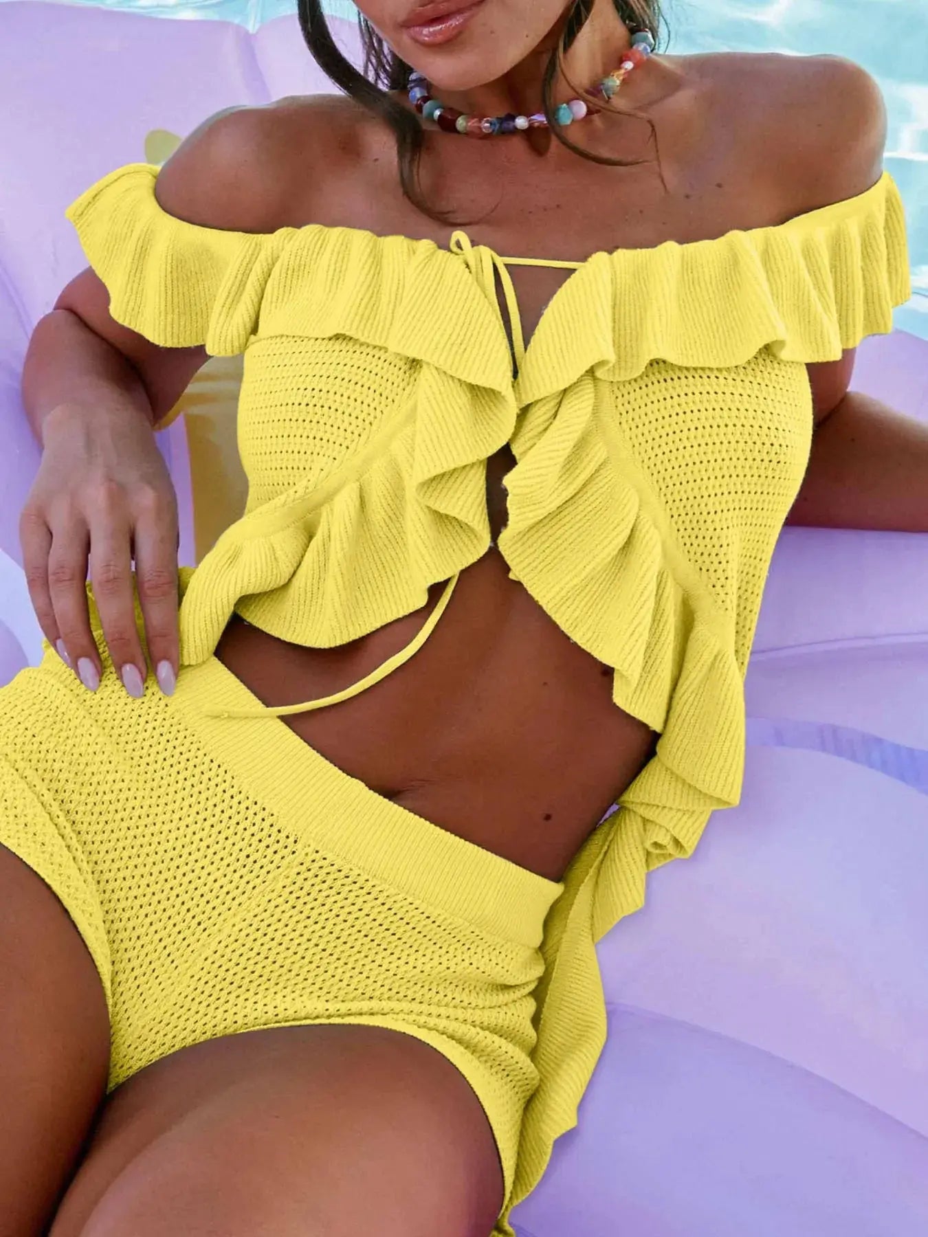 Off - Shoulder Ruffle Top and Shorts Sweater Set - Charmdeals