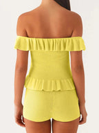Off - Shoulder Ruffle Top and Shorts Sweater Set - Charmdeals