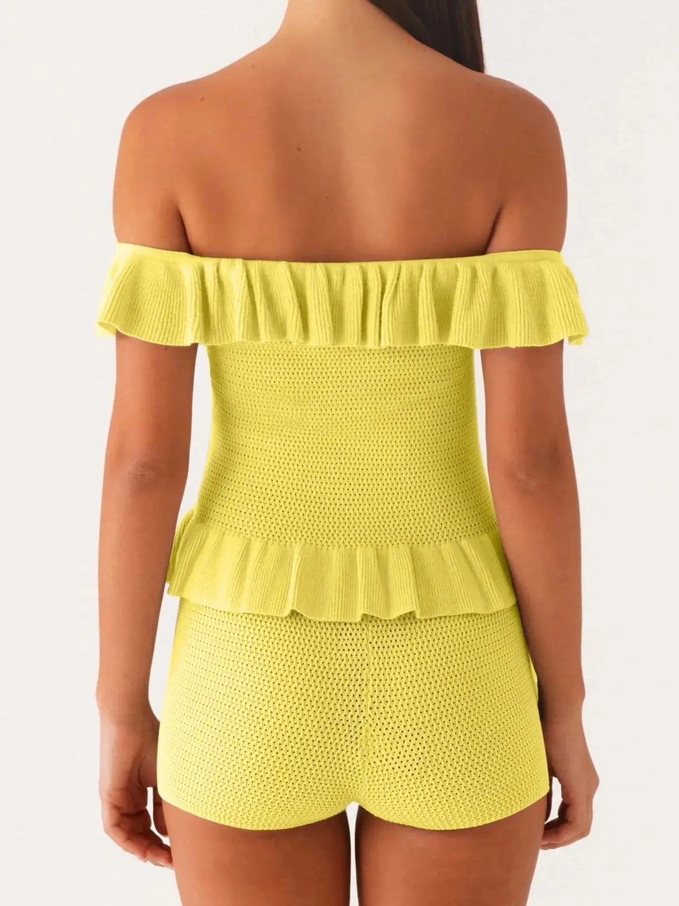 Off - Shoulder Ruffle Top and Shorts Sweater Set - Charmdeals
