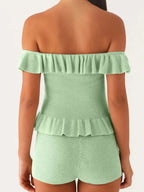Off - Shoulder Ruffle Top and Shorts Sweater Set - Charmdeals