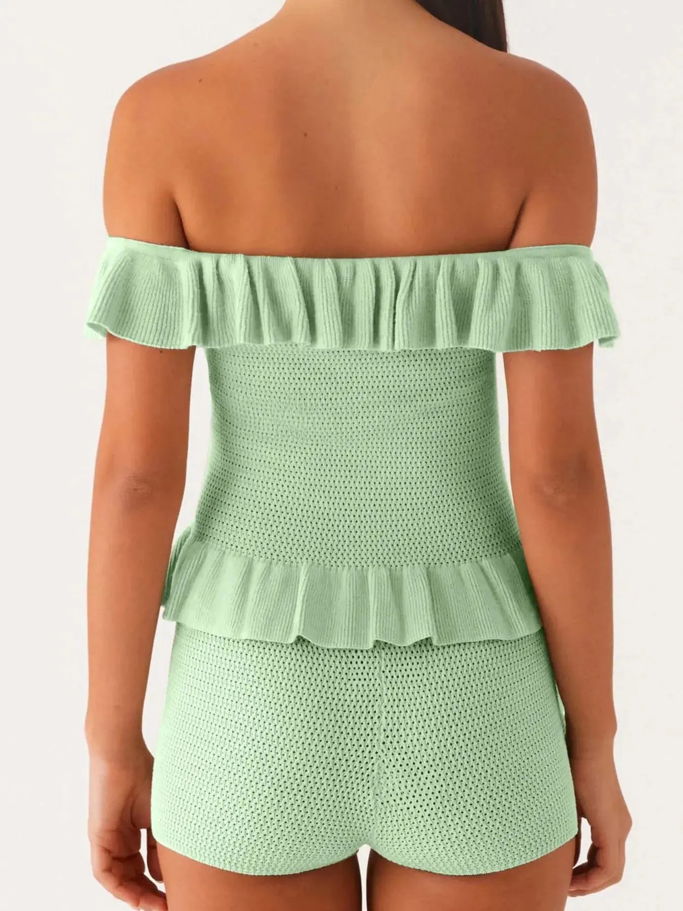 Off - Shoulder Ruffle Top and Shorts Sweater Set - Charmdeals