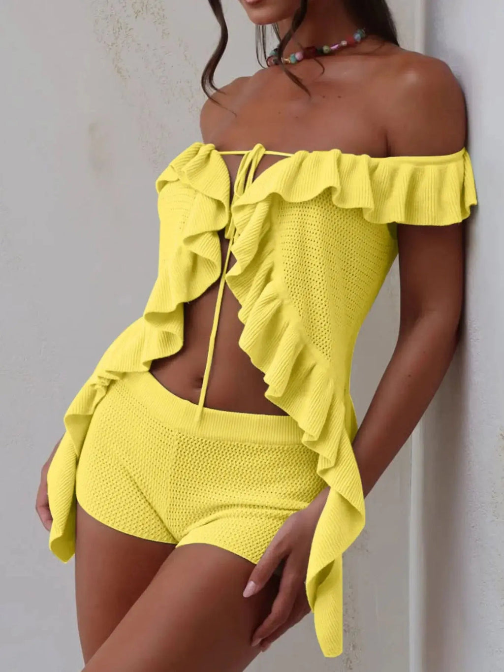Off - Shoulder Ruffle Top and Shorts Sweater Set - Charmdeals