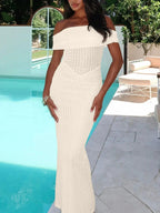 Off Shoulder Texture Maxi Dress - Charmdeals
