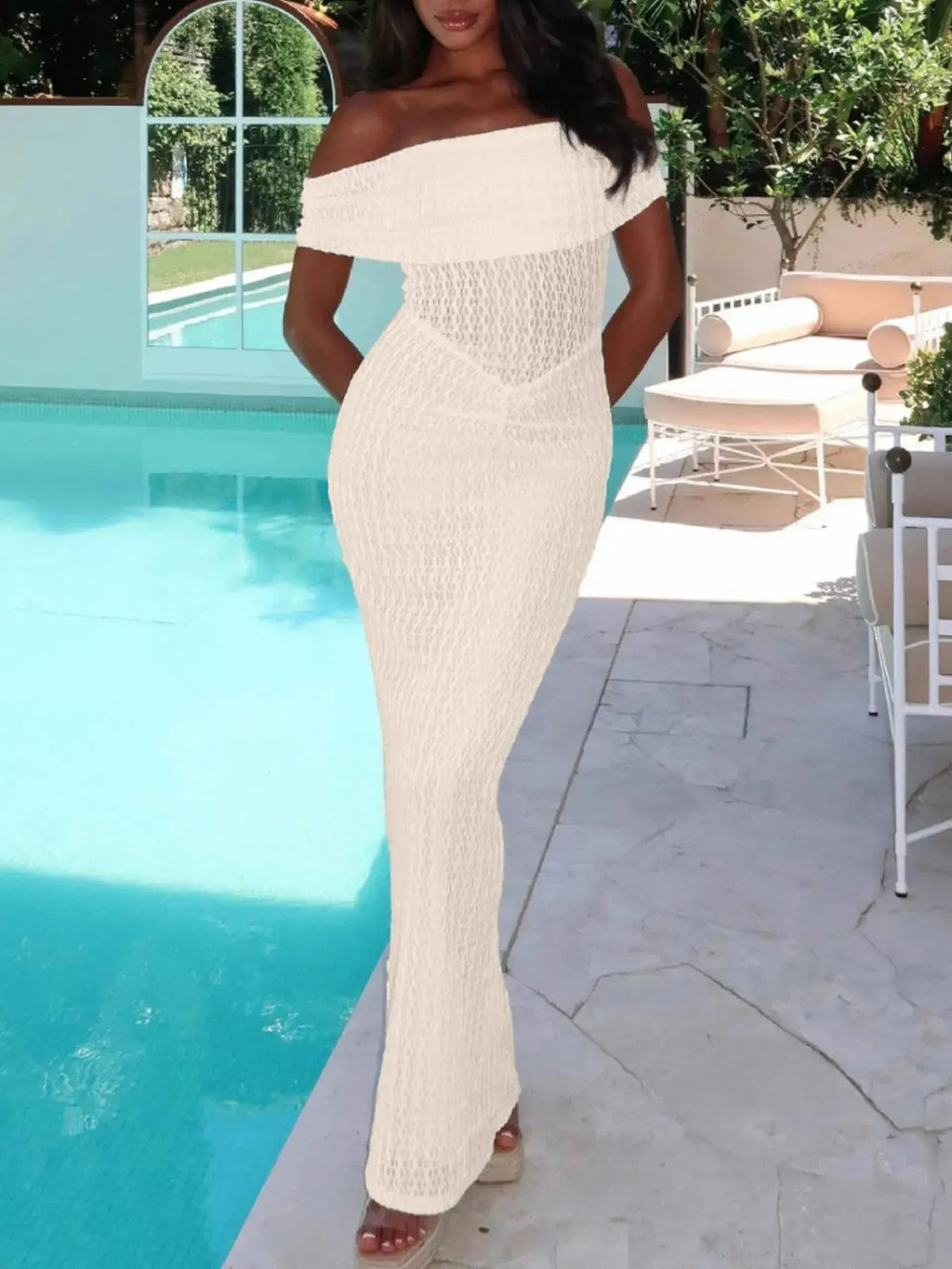 Off Shoulder Texture Maxi Dress - Charmdeals