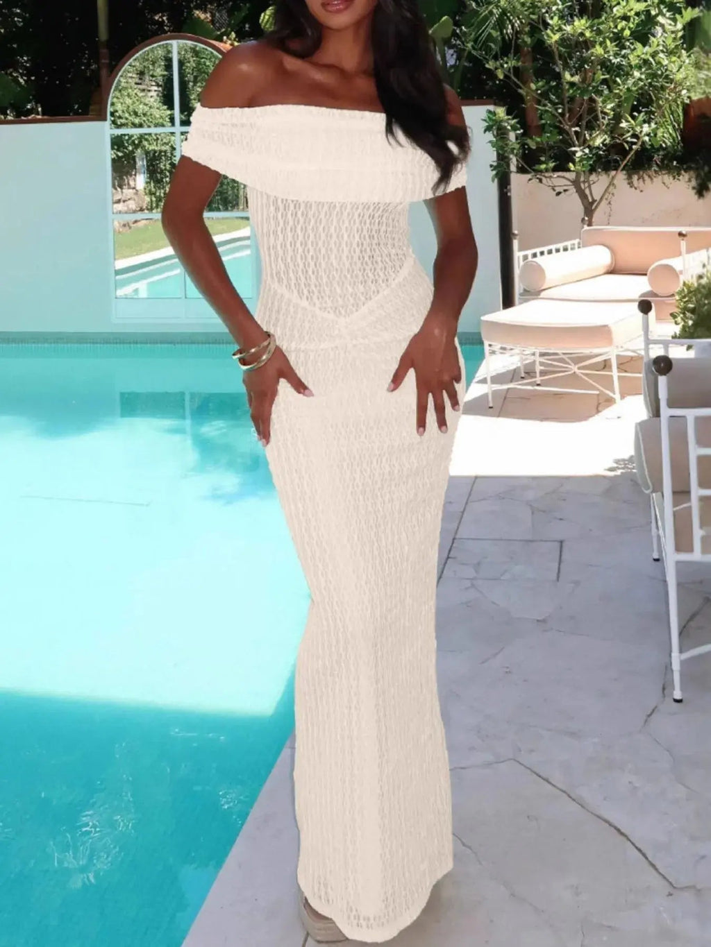Off Shoulder Texture Maxi Dress - Charmdeals