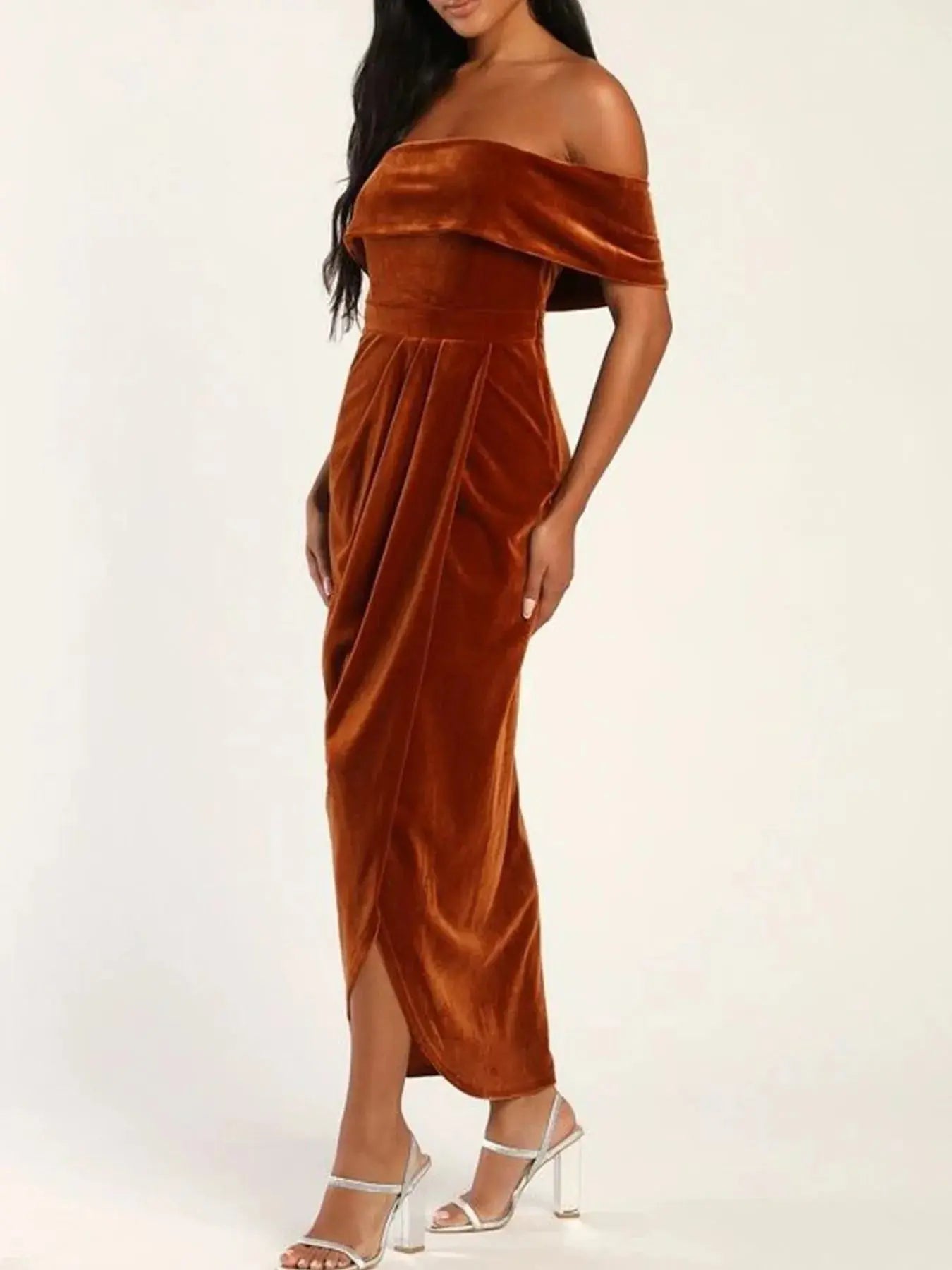 Off - Shoulder Wrap Dress with Side Slit - Charmdeals