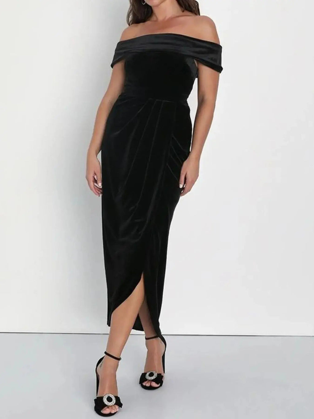 Off - Shoulder Wrap Dress with Side Slit - Charmdeals