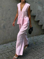 One Button Peplum Top and Pants Set - Charmdeals
