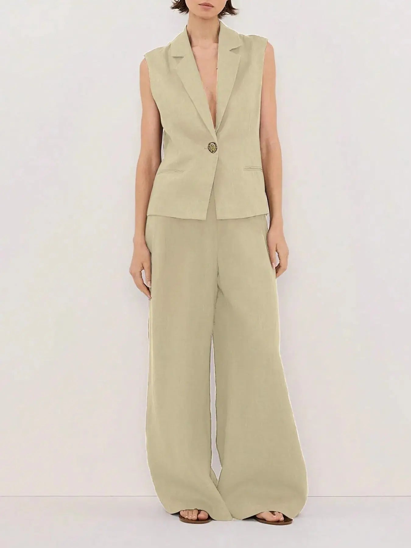 One Button Sleeveless Top and Pants Set - Charmdeals
