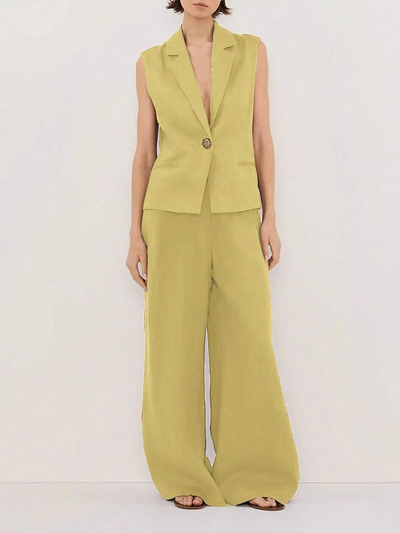One Button Sleeveless Top and Pants Set - Charmdeals