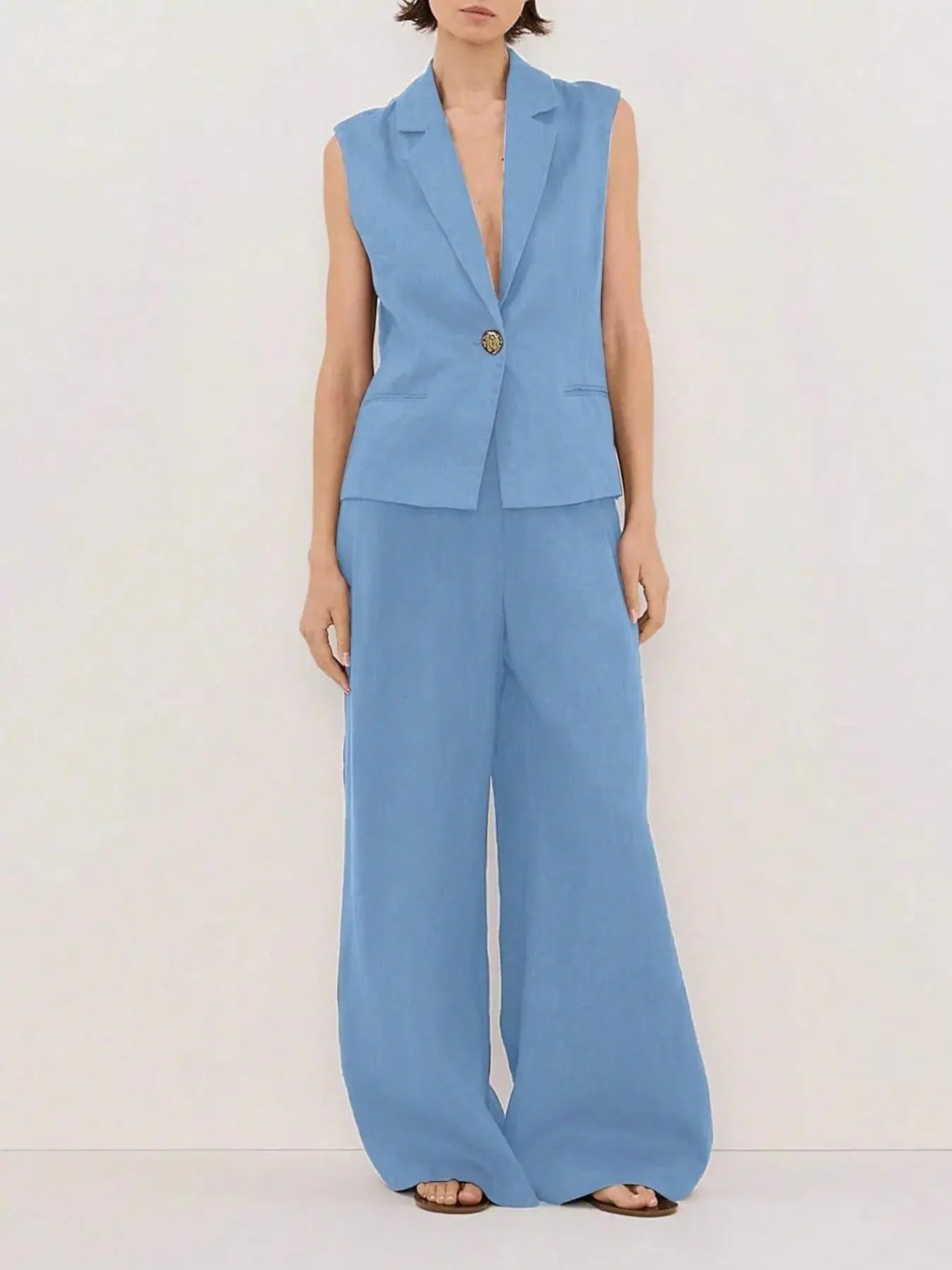 One Button Sleeveless Top and Pants Set - Charmdeals