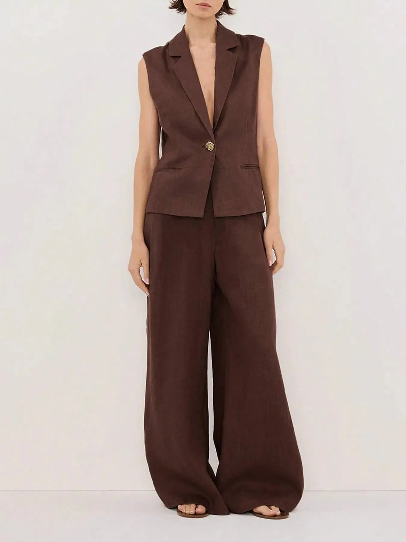 One Button Sleeveless Top and Pants Set - Charmdeals