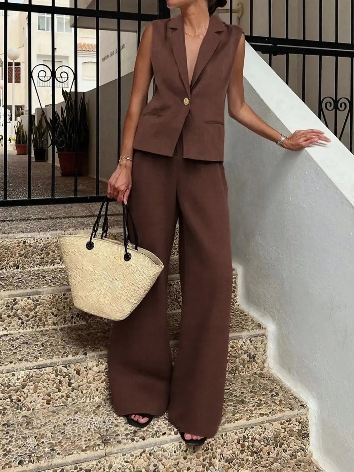 One Button Sleeveless Top and Pants Set - Charmdeals