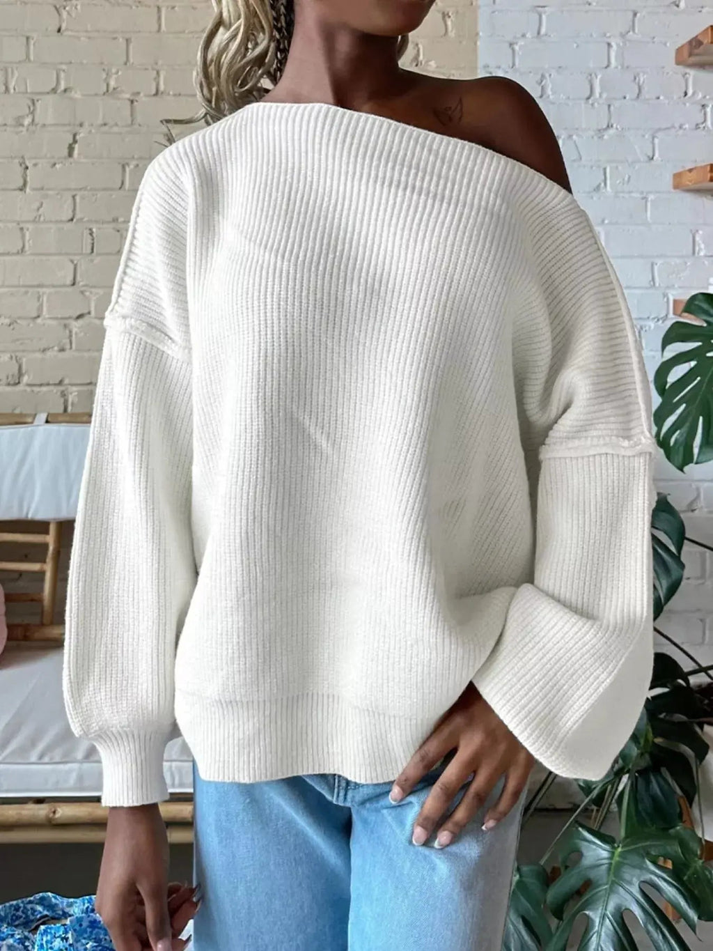 One Shoulder Ribbed Knit Sweater - Charmdeals