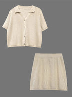 Openwork Button Up Top and Skirt Sweater Set - Charmdeals