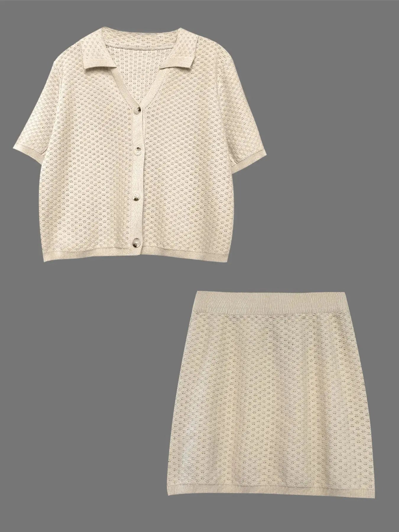 Openwork Button Up Top and Skirt Sweater Set - Charmdeals
