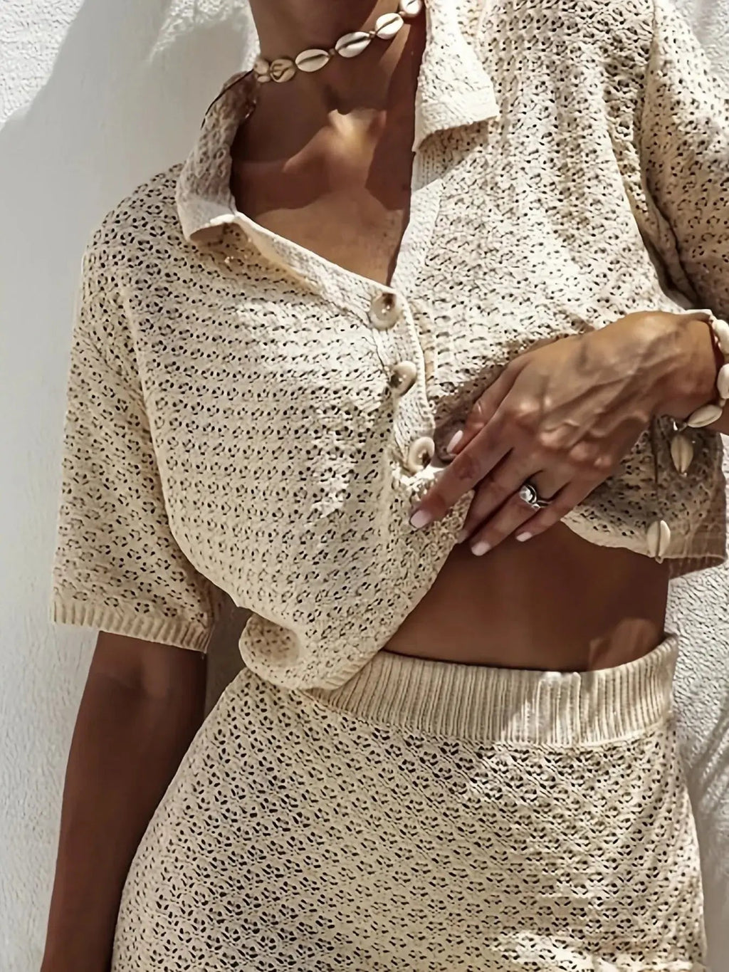 Openwork Button Up Top and Skirt Sweater Set - Charmdeals