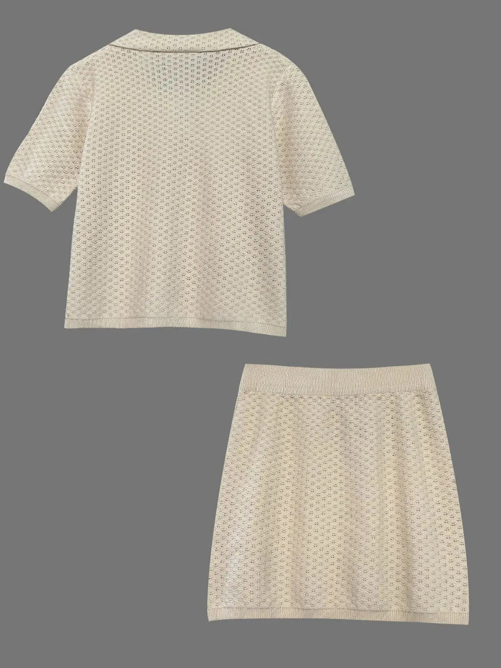 Openwork Button Up Top and Skirt Sweater Set - Charmdeals