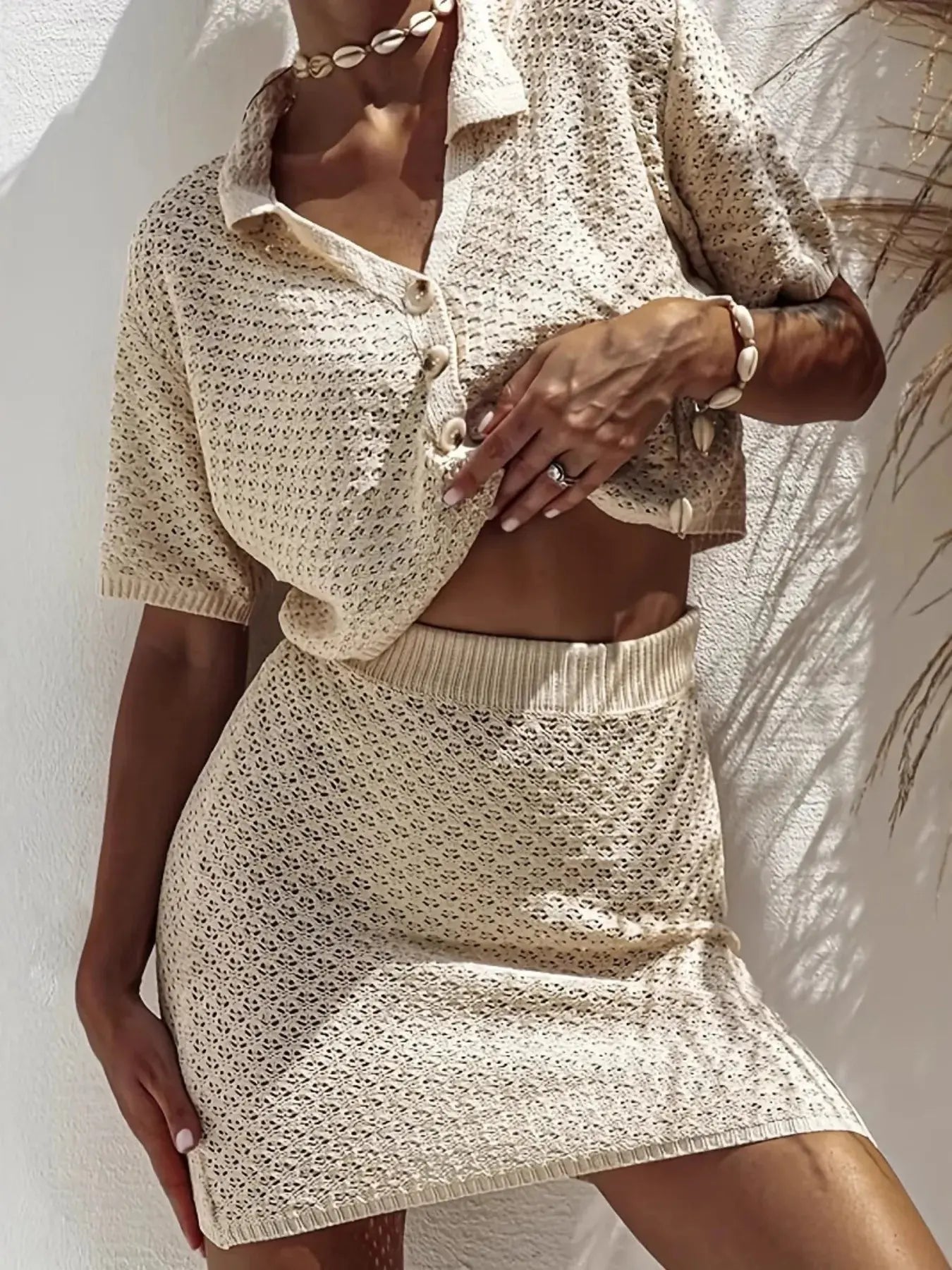 Openwork Button Up Top and Skirt Sweater Set - Charmdeals