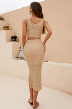 Openwork Cropped Tank and Split Skirt Set - Charmdeals