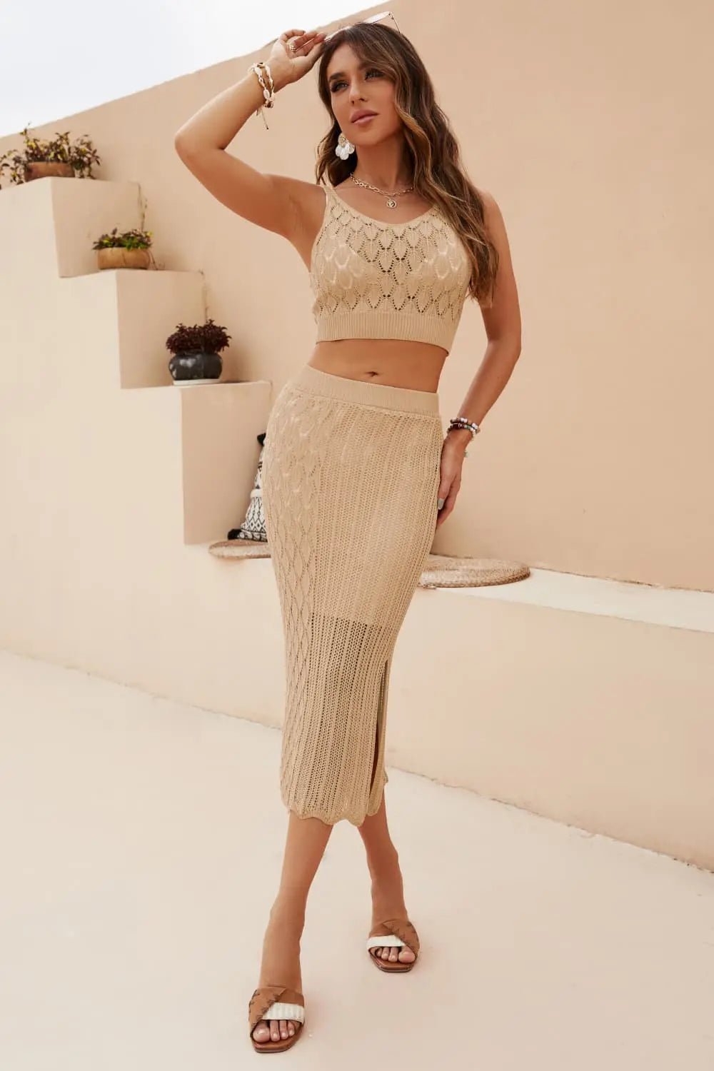 Openwork Cropped Tank and Split Skirt Set - Charmdeals