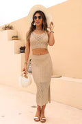 Openwork Cropped Tank and Split Skirt Set - Charmdeals