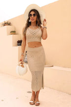 Openwork Cropped Tank and Split Skirt Set - Charmdeals