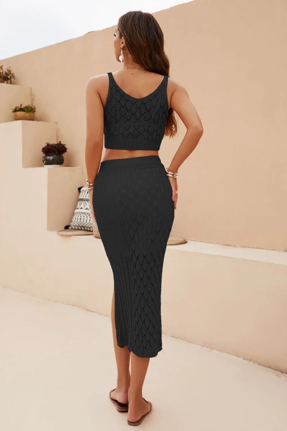 Openwork Cropped Tank and Split Skirt Set - Charmdeals