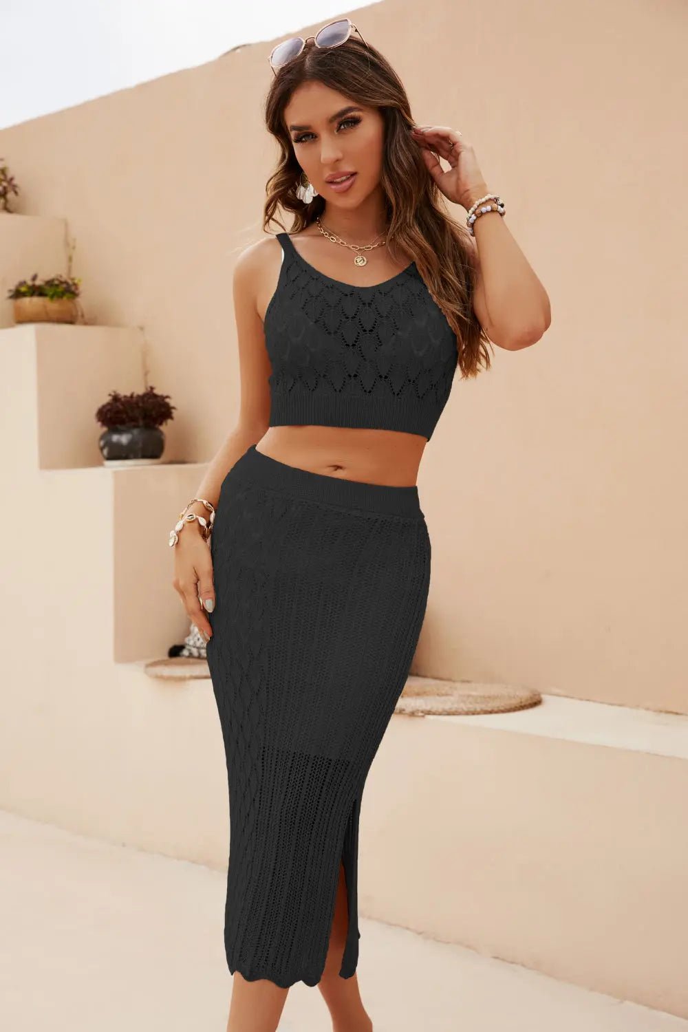 Openwork Cropped Tank and Split Skirt Set - Charmdeals