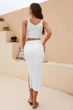 Openwork Cropped Tank and Split Skirt Set - Charmdeals
