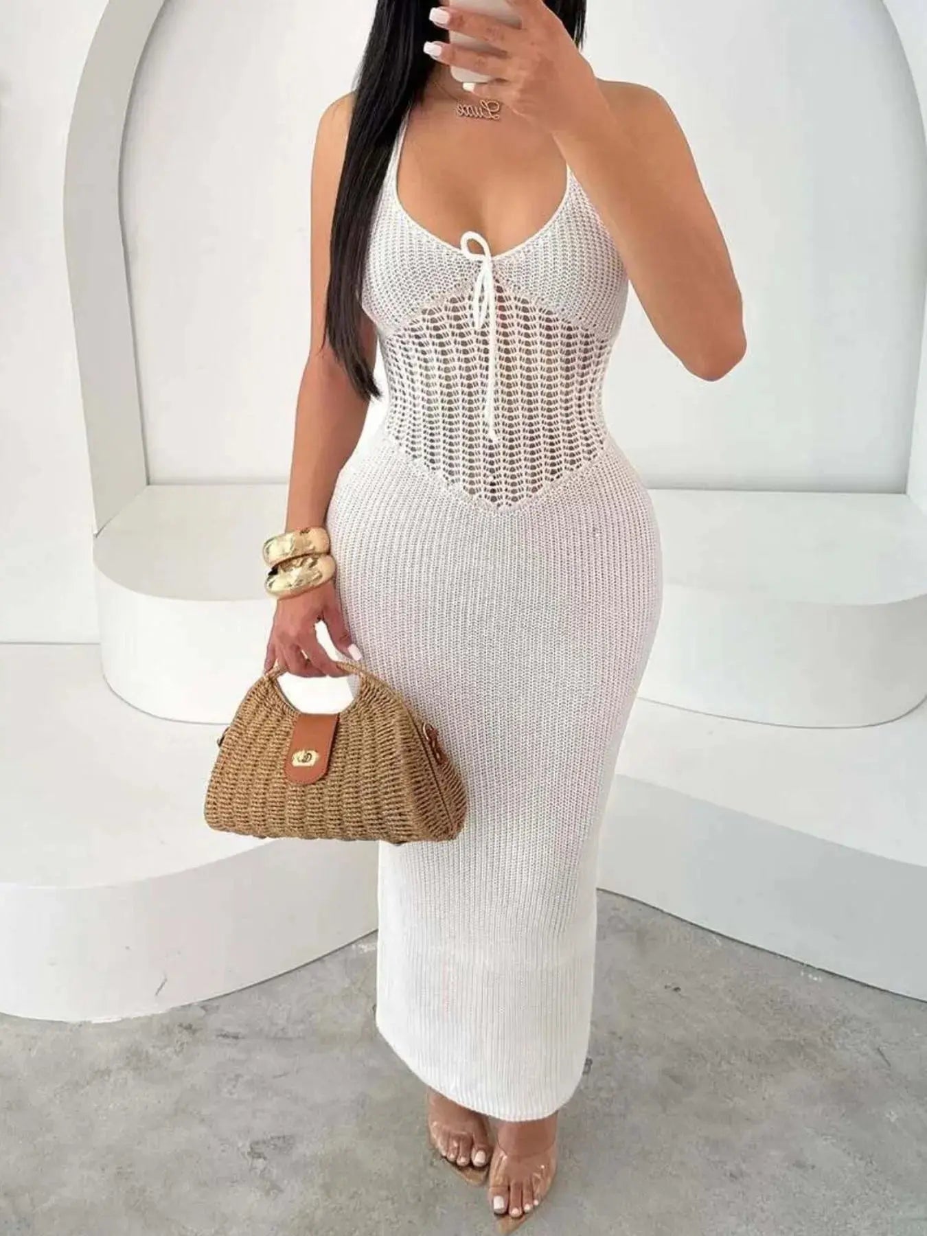 Openwork Halter Neck Sweater Maxi Dress - Charmdeals