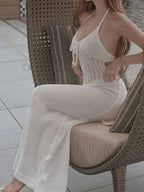 Openwork Halter Neck Sweater Maxi Dress - Charmdeals