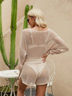 Openwork Round Neck Top and Shorts Cover Up Set - Charmdeals