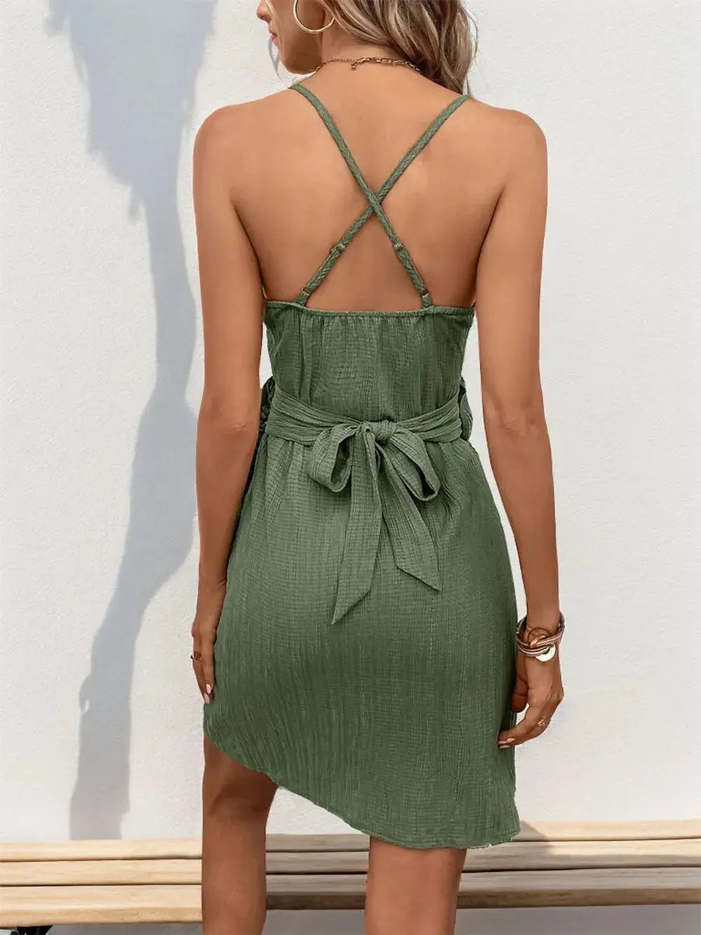 Perfee Crisscross Tied Surplice Mini Dress - Charmdeals