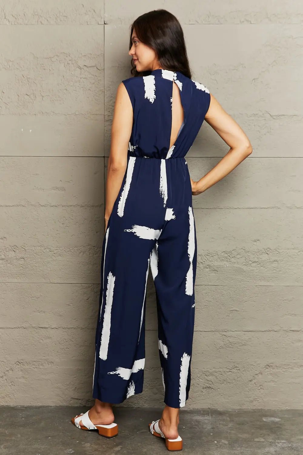 Perfee Printed Round Neck Cutout Jumpsuit with Pockets - Charmdeals
