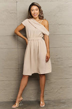 Perfee Swiss Dot Asymmetrical Neck Dress - Charmdeals