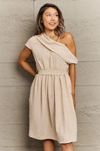Perfee Swiss Dot Asymmetrical Neck Dress - Charmdeals