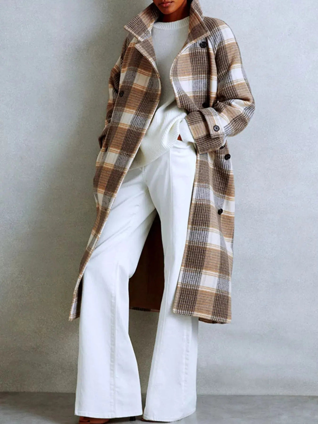 Plaid Tie Waist Double - Breasted Coat - Charmdeals