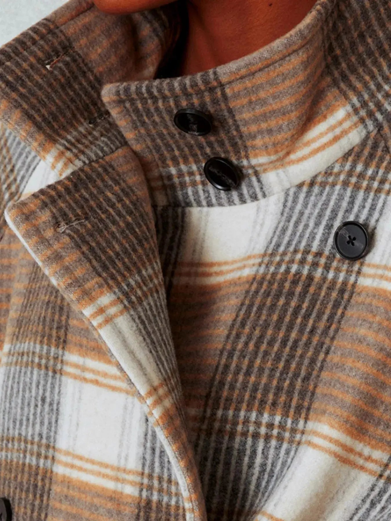 Plaid Tie Waist Double - Breasted Coat - Charmdeals