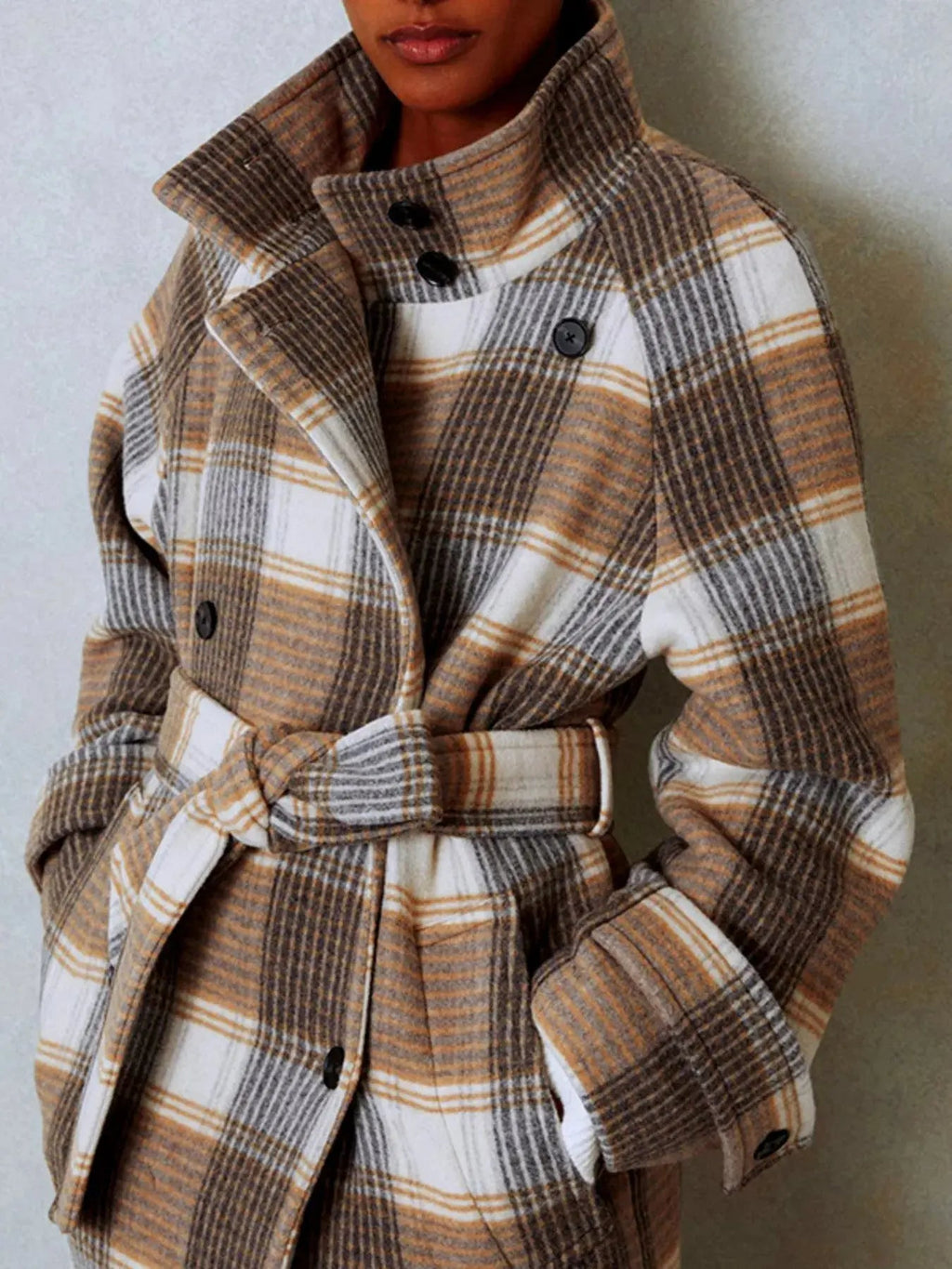 Plaid Tie Waist Double - Breasted Coat - Charmdeals