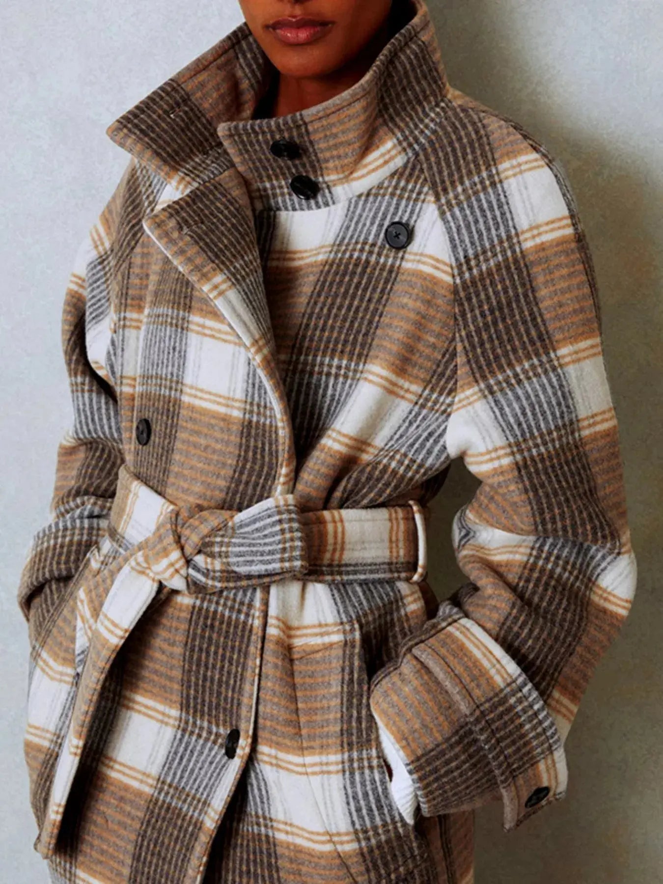 Plaid Tie Waist Double - Breasted Coat - Charmdeals