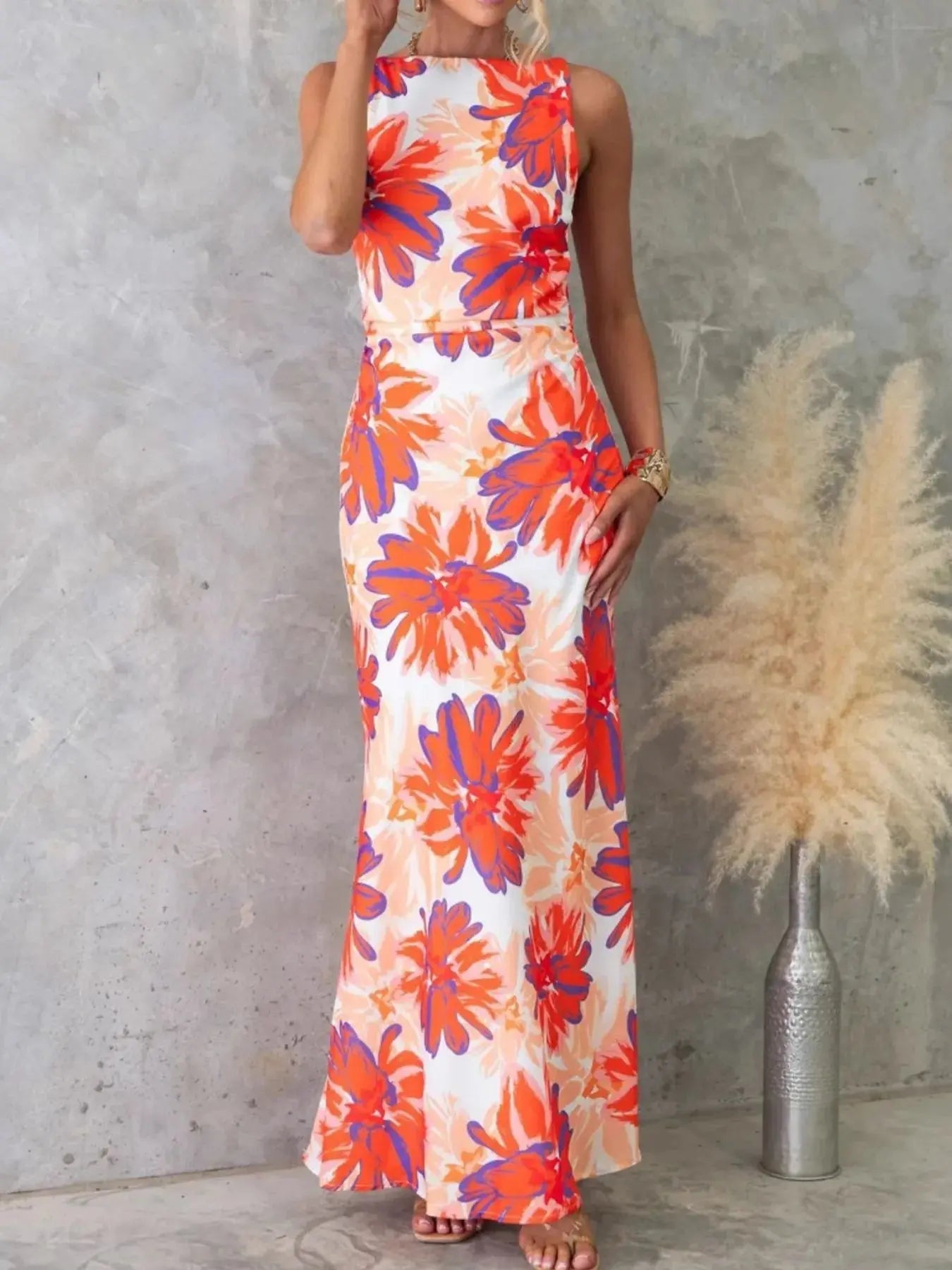 Printed Backless Sleeveless Maxi Dress - Charmdeals