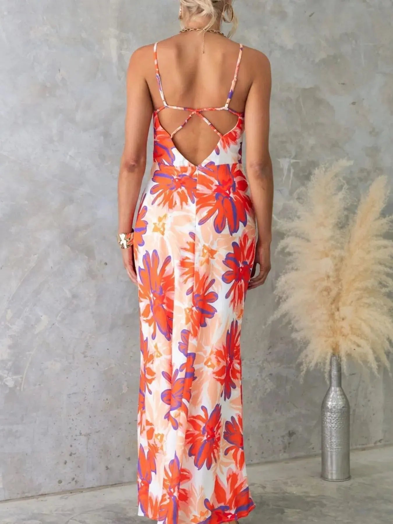 Printed Backless Sleeveless Maxi Dress - Charmdeals